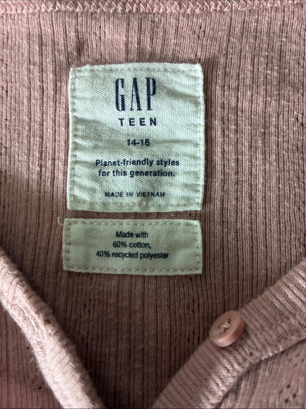 GAP Light Pink Short Sleeve Button-Front Ribbed Top